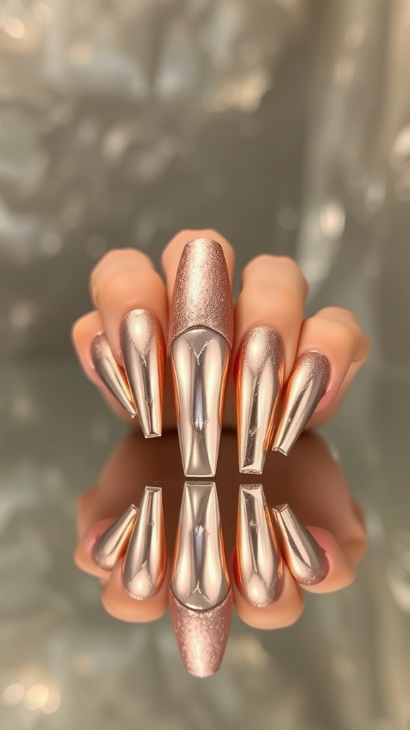 Nails featuring rose gold metallic shine in a coffin shape