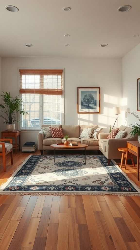 A living room with a beige couch, wooden flooring, and a decorative rug placed in the center.