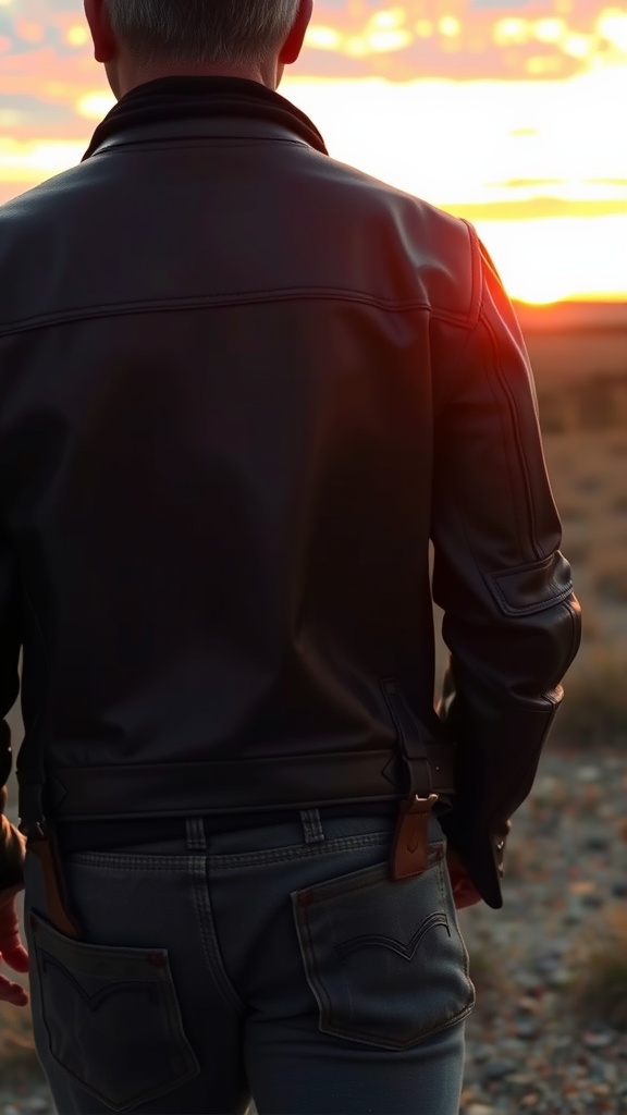 A person wearing a rugged leather jacket standing against a sunset backdrop.