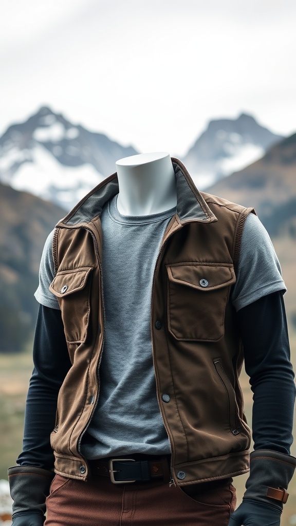 A rugged leather vest over a gray shirt, with mountainous scenery in the background.