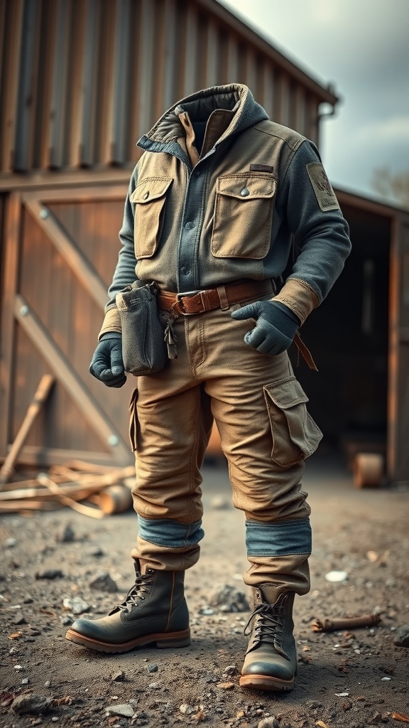 A rugged workwear outfit suitable for modern ranchers, featuring a durable jacket, practical pants, and sturdy boots.