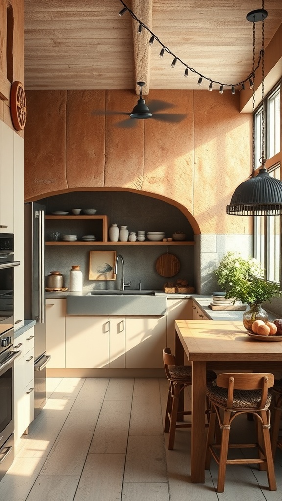 A modern kitchen featuring rustic adobe accents, with earthy walls, sleek cabinetry, and wooden elements.