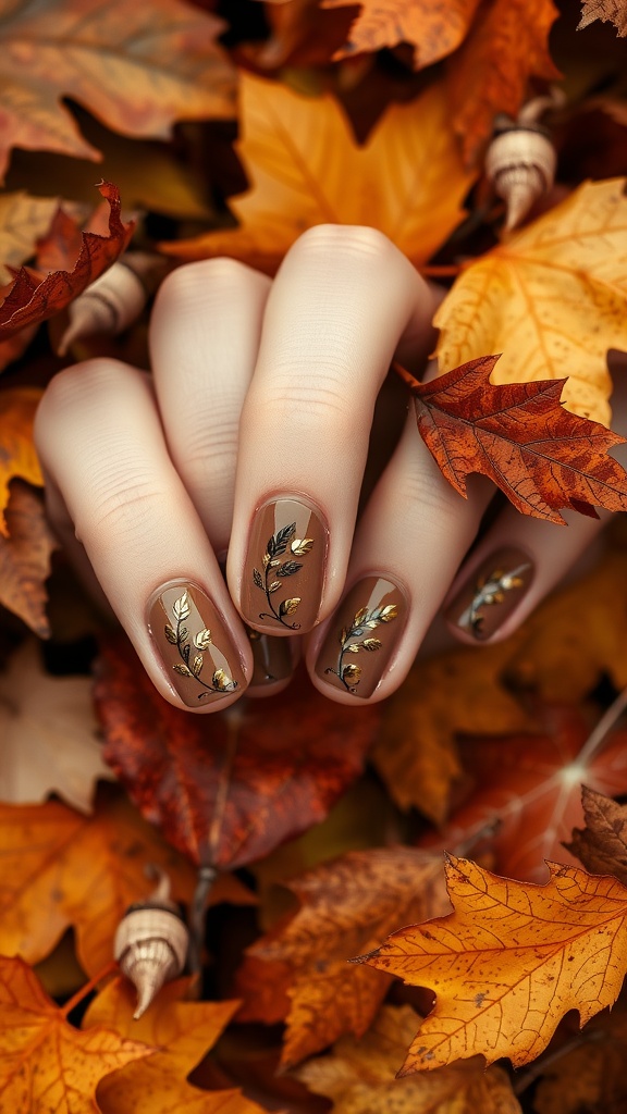 Nails painted in rustic brown with delicate leaf designs, placed among autumn leaves.