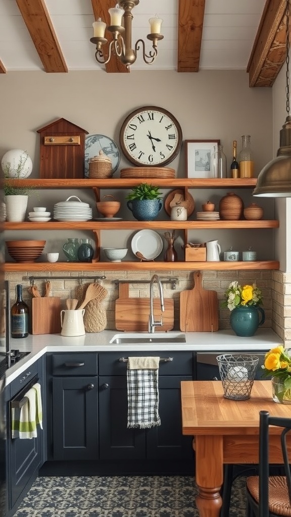 A rustic kitchen with charcoal cabinets, wooden shelves, and a cozy dining area.