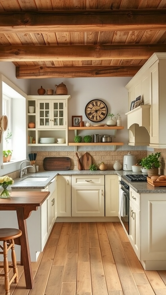 A cozy farmhouse kitchen with cream cabinets, wooden beams, and rustic decor.