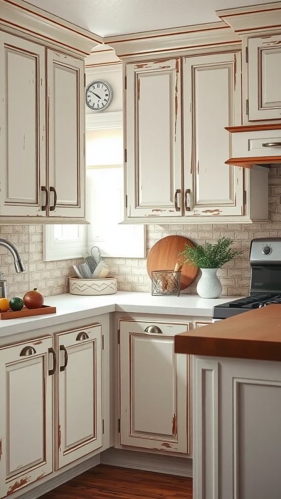 Rustic farmhouse kitchen with distressed white cabinets and wooden countertop