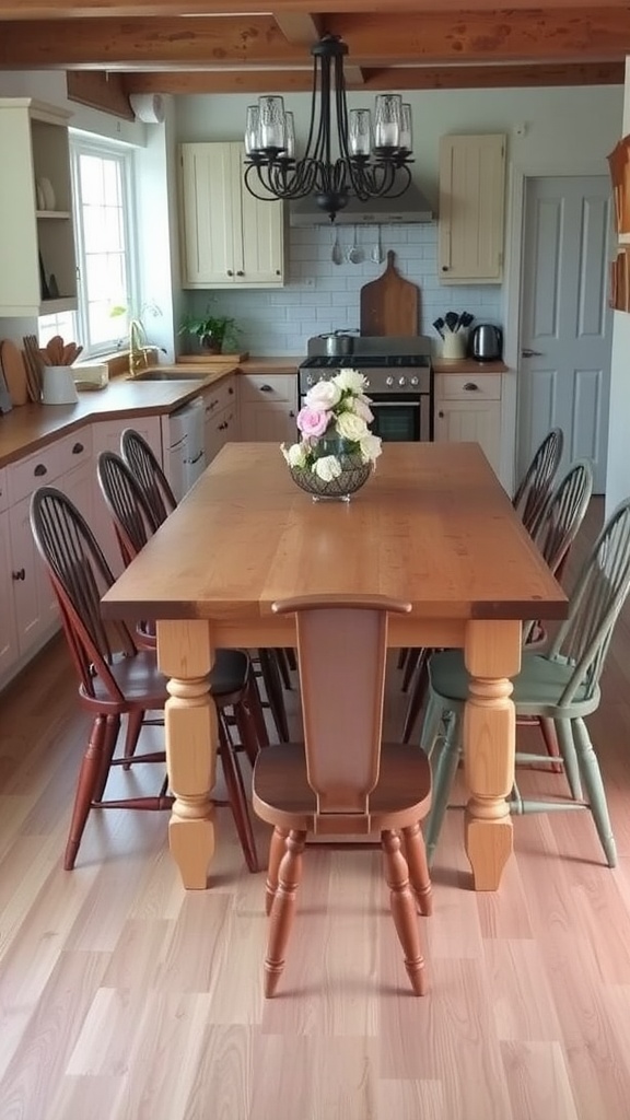 A farmhouse kitchen with a large reclaimed wood table and colorful chairs.
