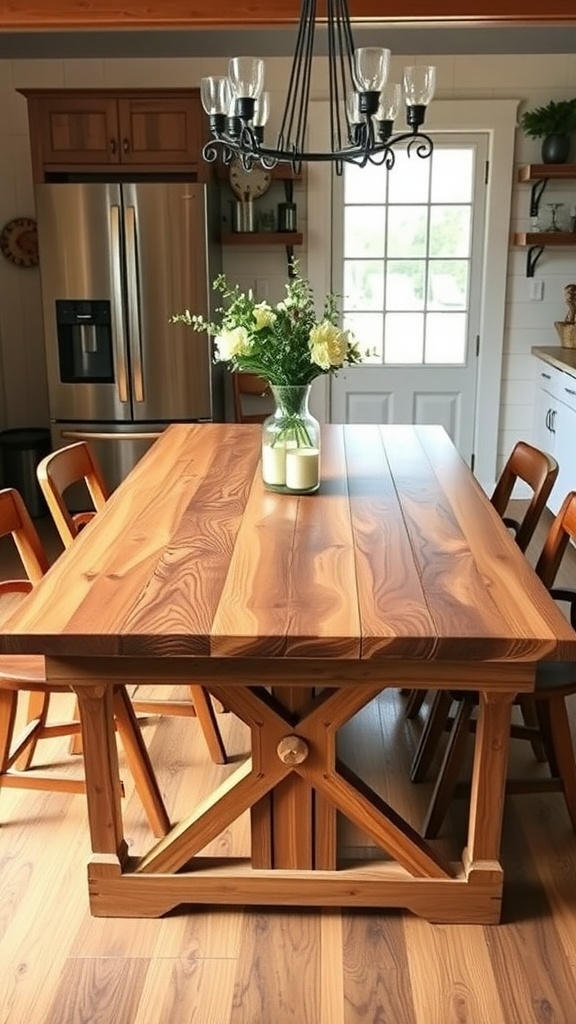A farmhouse kitchen table made of reclaimed wood, featuring a vase of flowers on top.