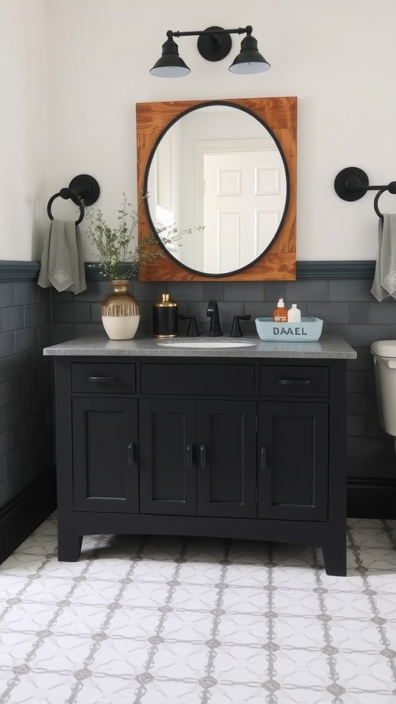 A stylish black bathroom vanity with a round mirror and rustic elements.