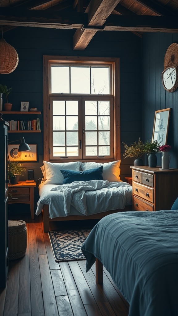 A rustic bedroom featuring navy blue walls, wooden furniture, and warm lighting.