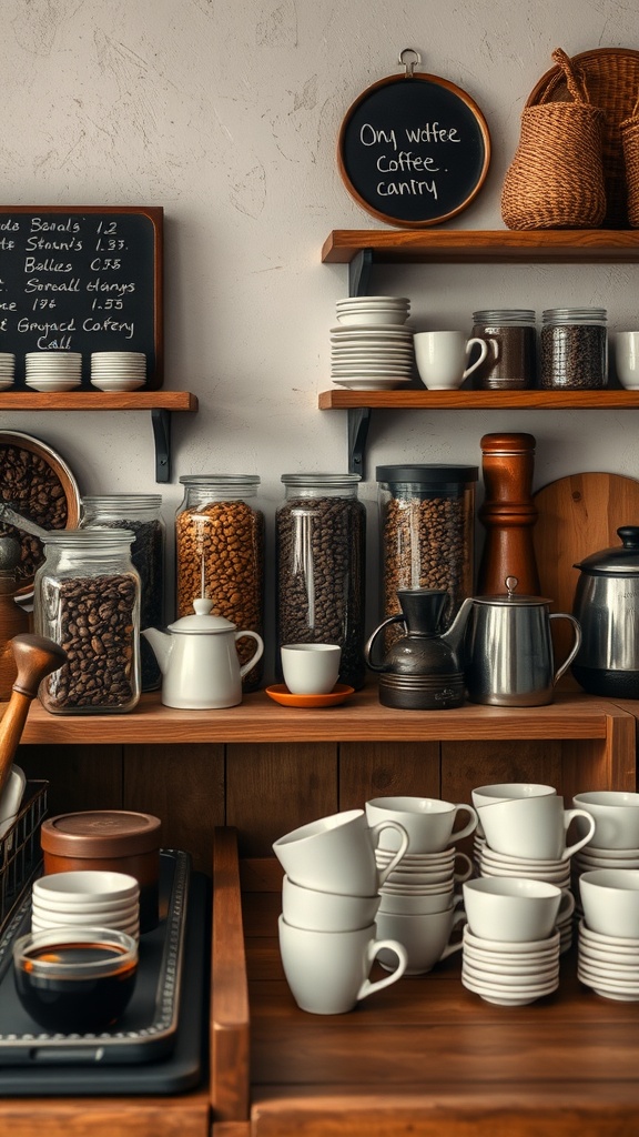 Rustic coffee bar setup with wooden shelves, jars of coffee beans, teapots, and stacked cups.