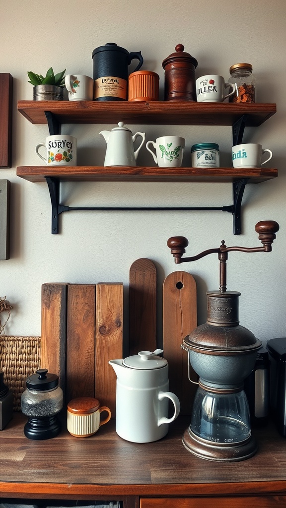 A rustic coffee bar featuring wooden shelves with various mugs and a coffee grinder on the countertop.