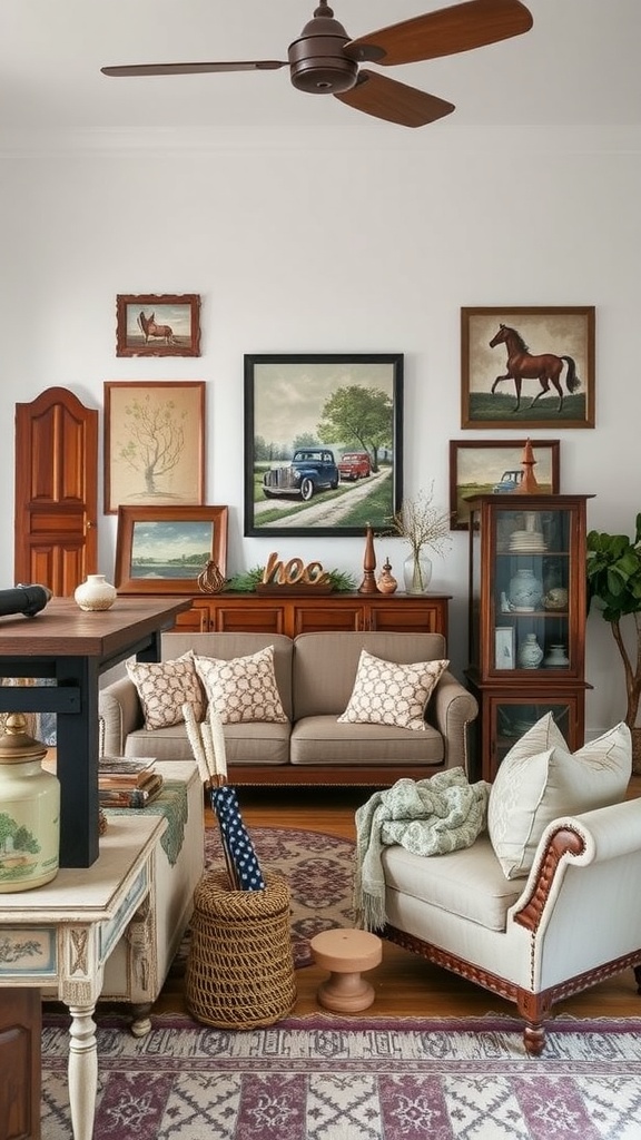A rustic living room featuring a cozy sofa and armchair, decorated with framed artwork and antiques, creating a warm farmhouse atmosphere.