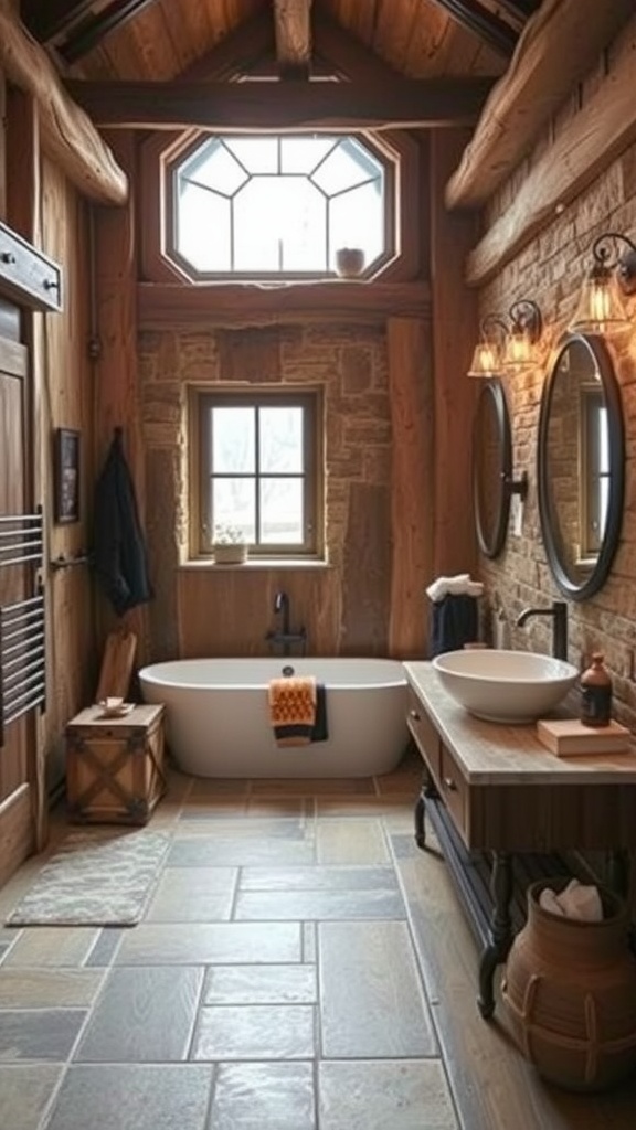 A rustic bathroom featuring wooden beams, stone walls, and a freestanding tub.