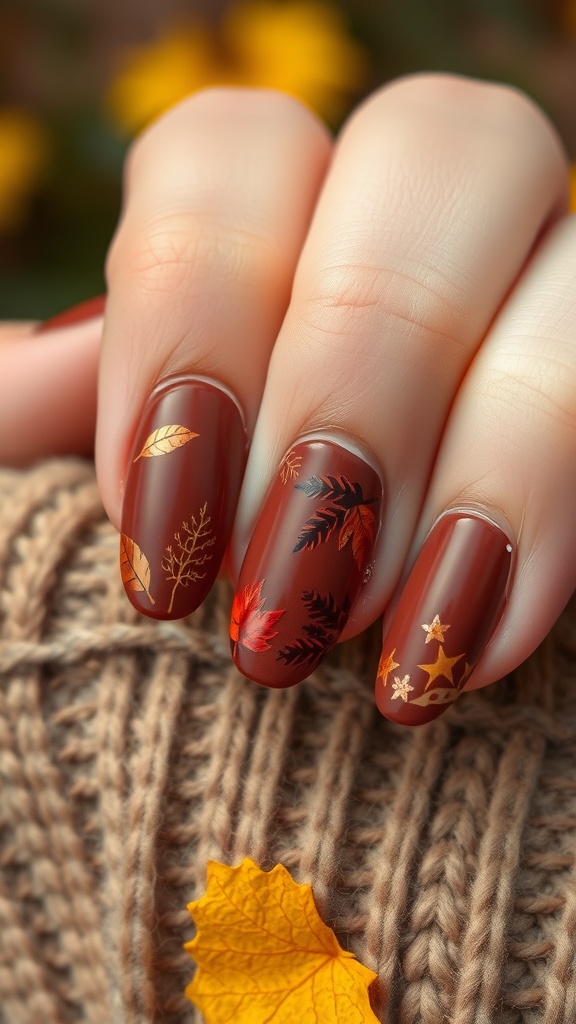 Close-up of brown nails with leaf designs, set against a knitted background and autumn leaves.