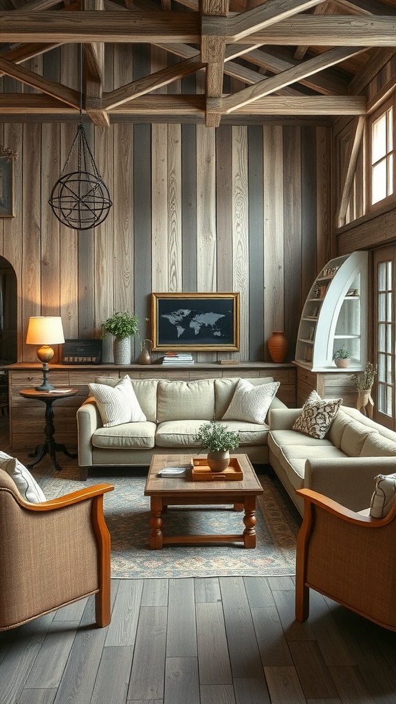 A cozy living room with wood beams, soft furniture, and warm lighting, showcasing a rustic farmhouse design.