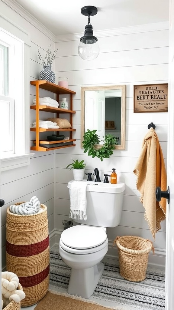 A rustic farmhouse bathroom featuring white shiplap walls, wooden shelving, potted plants, and woven baskets.