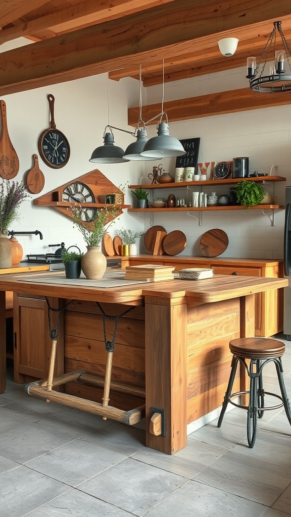 A rustic farmhouse kitchen featuring a wooden island with pendant lights and decorative items.