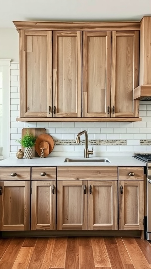 Rustic farmhouse kitchen cabinets with natural wood finish and white subway tile backsplash