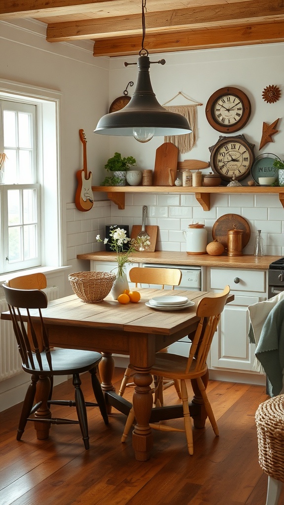 A rustic farmhouse style kitchen table with wooden chairs, orange fruit, and decorative items in a cozy kitchen.