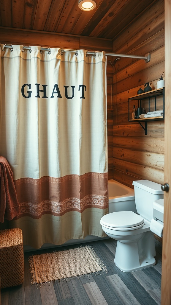 Rustic farmhouse bathroom with a beige shower curtain featuring bold letters, wooden walls, and warm decor.