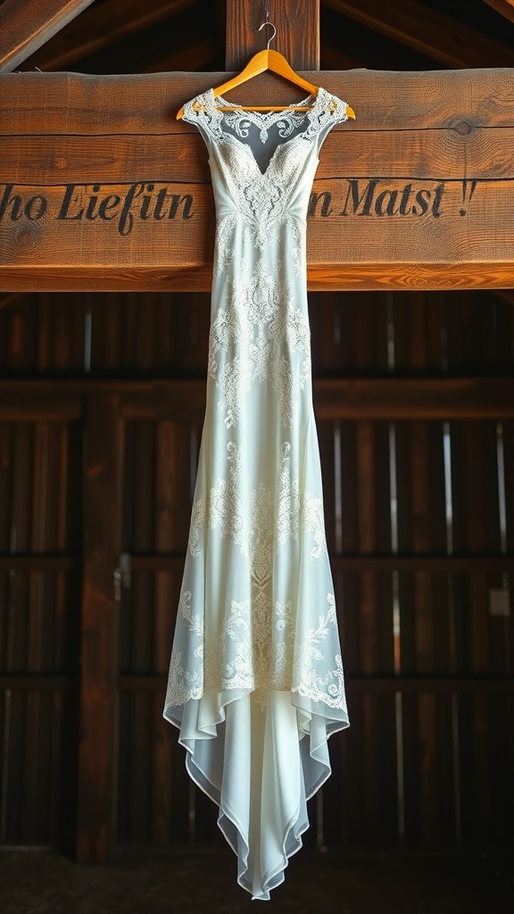A rustic lace wedding gown hanging on a wooden beam with a high-low hemline