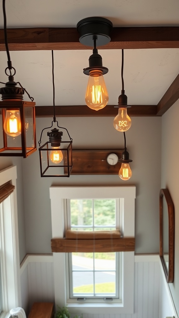 Rustic lighting fixtures in a farmhouse bathroom, featuring industrial-style bulbs and a lantern-style light.