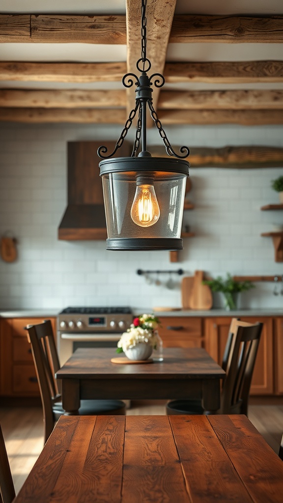A rustic kitchen featuring a hanging lantern light fixture made of metal and glass, with wooden beams and a cozy dining area.