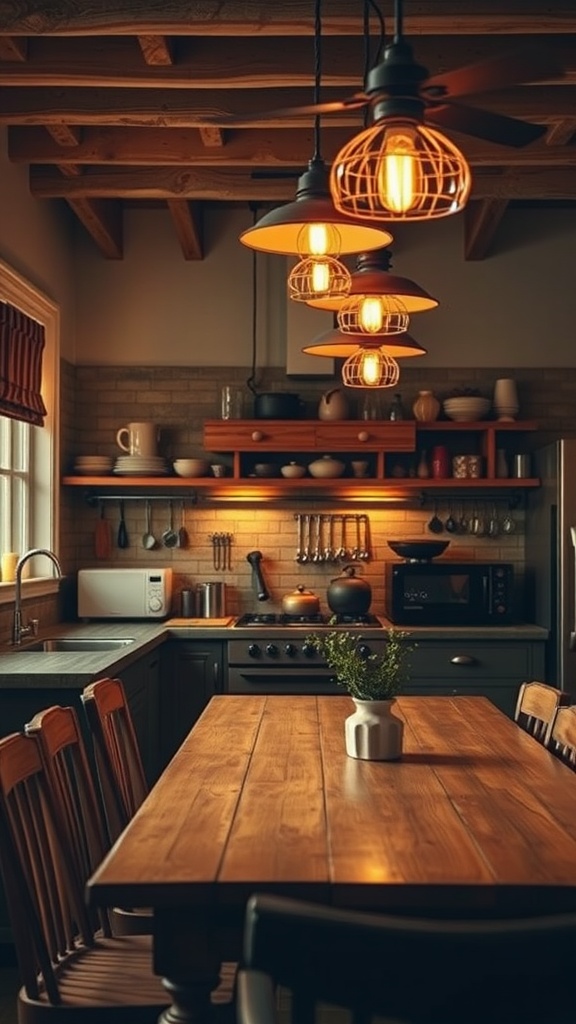 A rustic kitchen with warm pendant lighting and wooden furniture