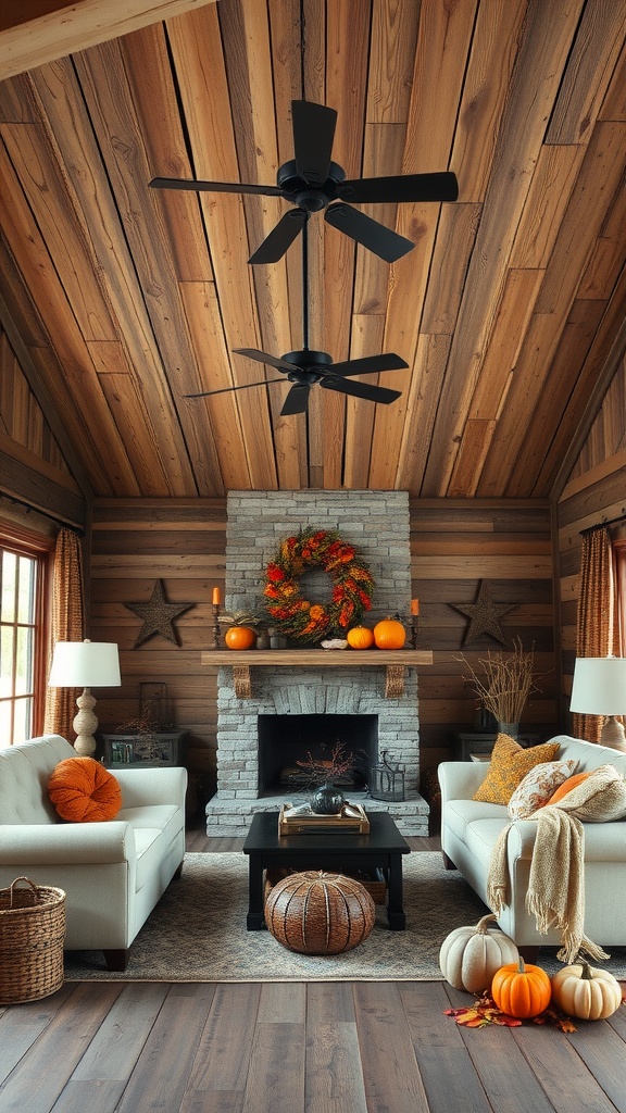 A cozy living room with rustic plank ceiling, stone fireplace, and warm autumn decorations.