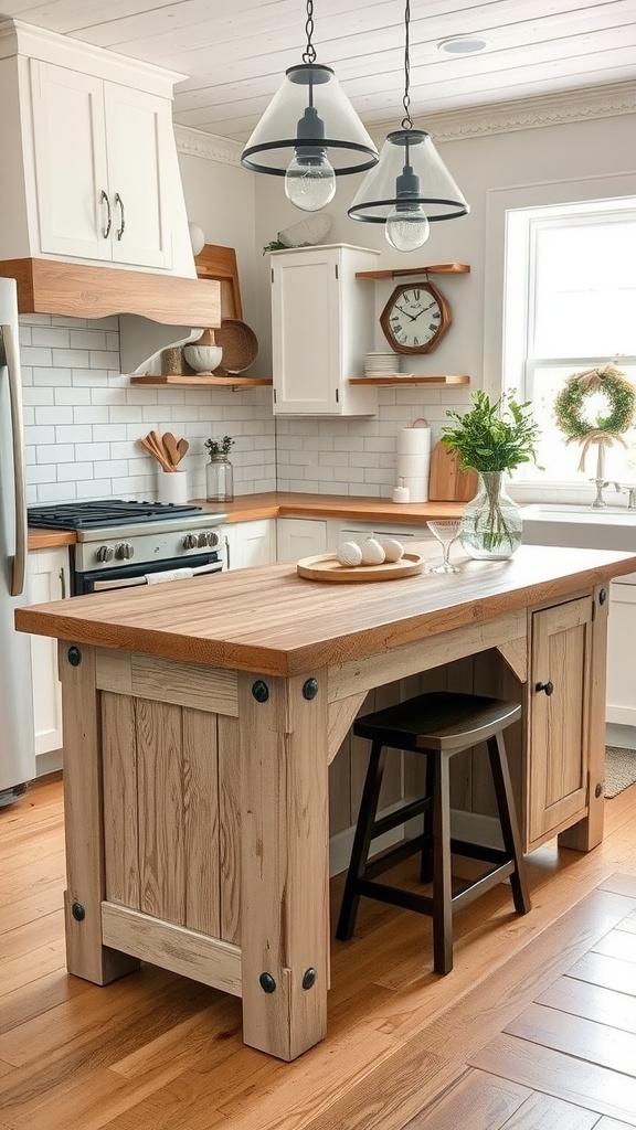 Rustic reclaimed wood kitchen island with a natural wood top and black hardware.