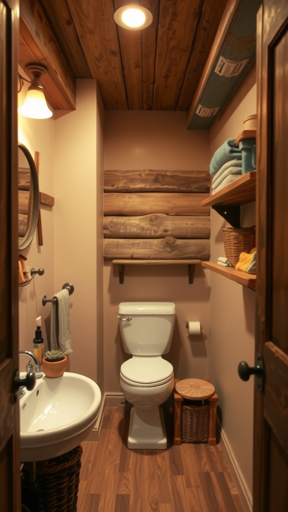 A cozy small farmhouse bathroom with rustic wood accents on the ceiling and walls, featuring a round mirror and neatly arranged towels.