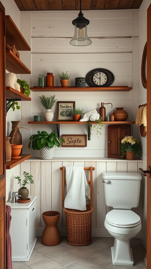 Vintage farmhouse bathroom with rustic wood accents and decor.