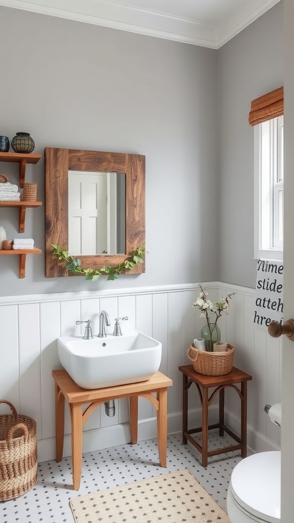A cozy farmhouse bathroom featuring rustic wood accents, including a wooden mirror frame, shelves, and a stool, enhancing the inviting atmosphere.