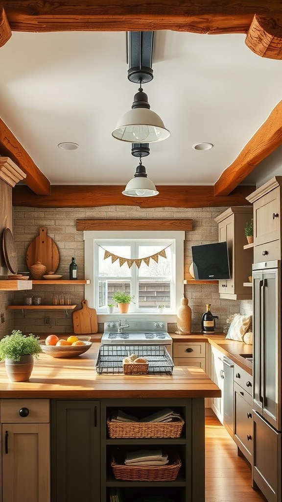 A farmhouse kitchen featuring rustic wood accents, with wooden beams, warm cabinetry, and decorative elements.