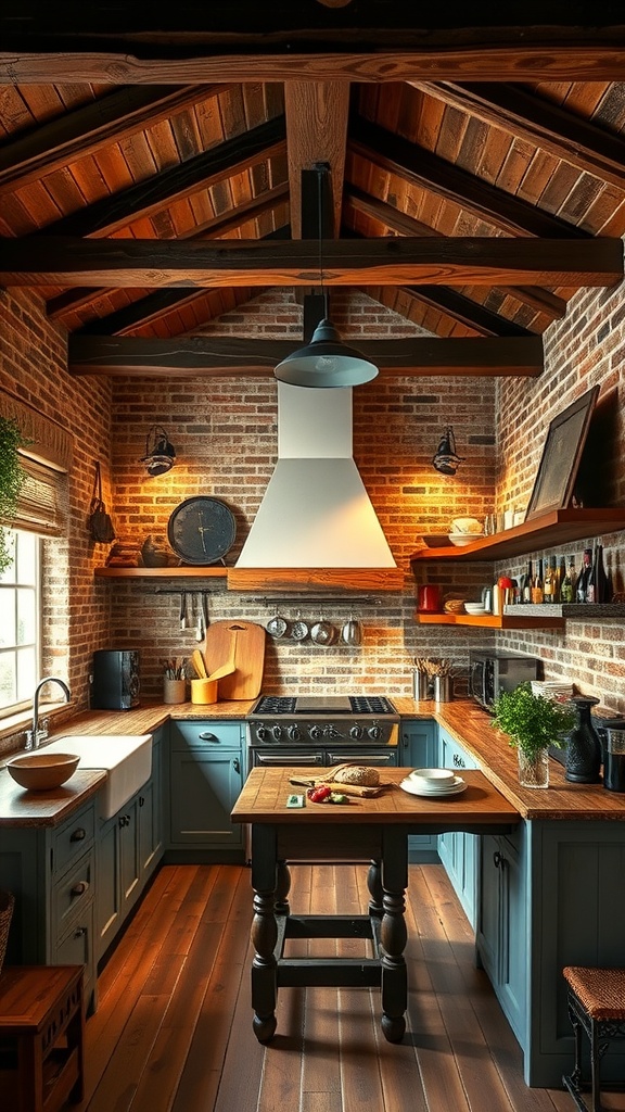 An Italian farmhouse kitchen featuring rustic wood beams and exposed brick walls, with a warm and inviting atmosphere.
