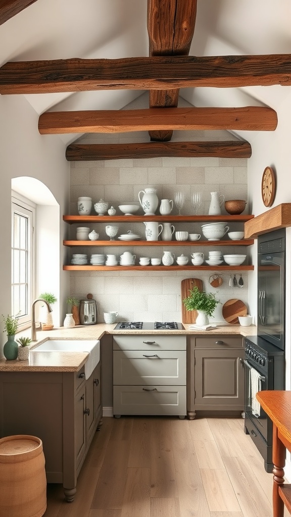 A rustic kitchen with wood beams and open shelving displaying dishware.