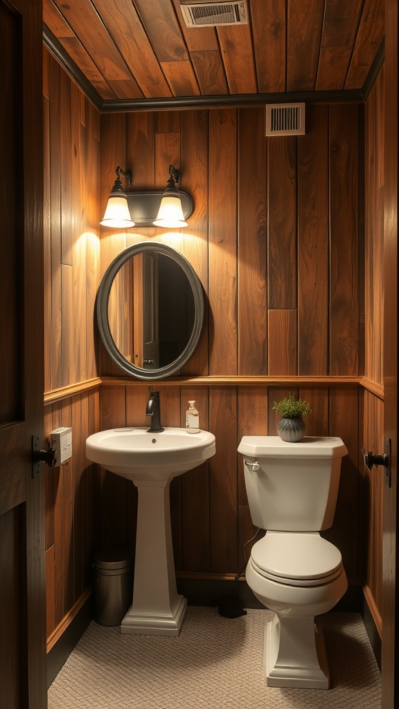 A cozy guest bathroom featuring rustic wood paneling on the walls and ceiling, with a round mirror, stylish lighting, and white fixtures.