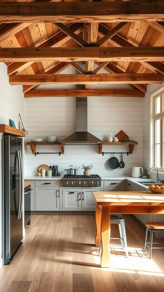 A bright kitchen featuring rustic wooden beams and shiplap walls, showcasing a cozy French farmhouse style.