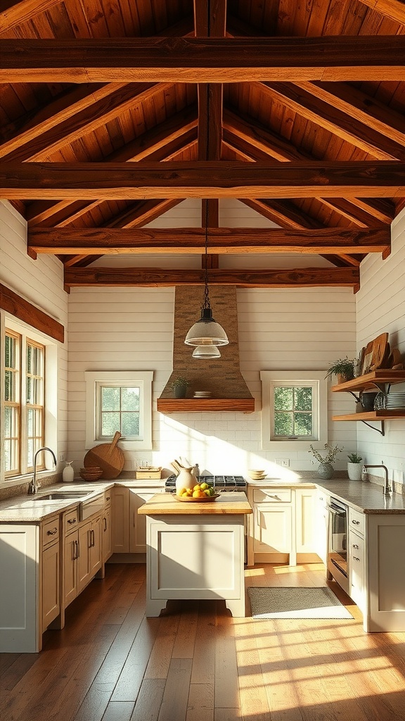 A rustic farmhouse kitchen featuring wooden beams and shiplap walls, with bright light filling the space.