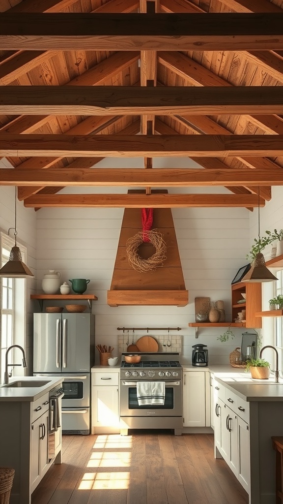 Rustic farmhouse kitchen with wooden beams and modern appliances.