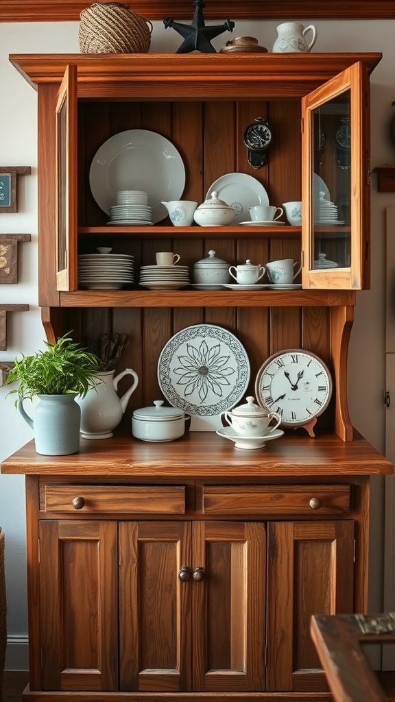 A rustic wooden cabinet with glass doors displaying dishes, pots, and decorative items.