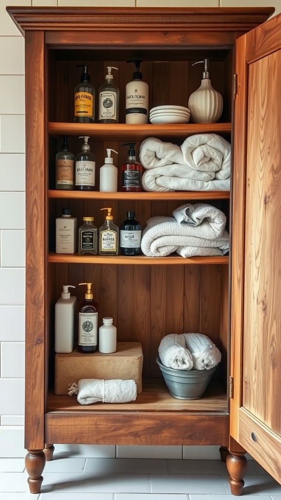 Rustic wooden cabinet with bottles and towels inside