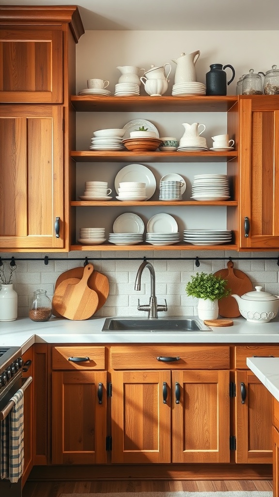 A rustic farmhouse kitchen with wooden cabinets and dishes on display