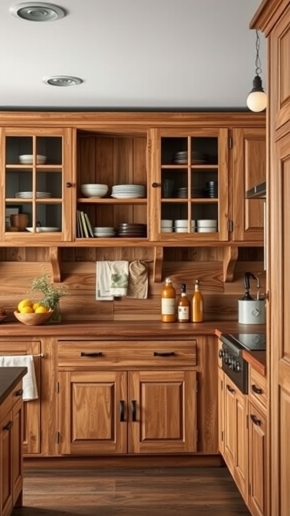 Rustic wooden cabinets in a vintage farmhouse kitchen with glass doors and dark hardware.