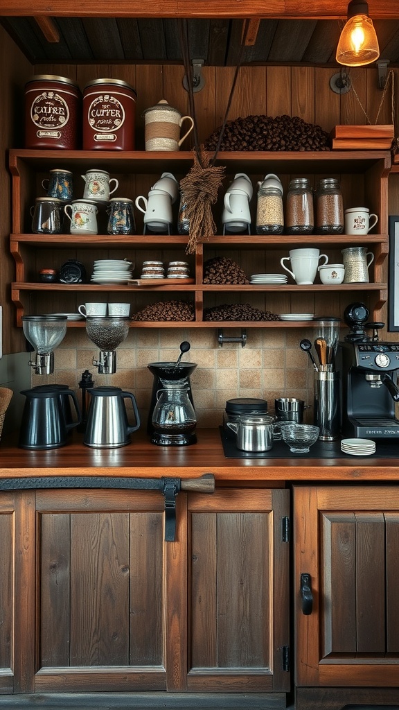 A cozy rustic wooden coffee bar with shelves filled with coffee supplies and warm lighting.