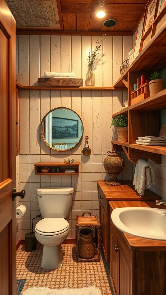 A vintage bathroom featuring rustic wooden elements, including shelves, a round mirror, and storage baskets.