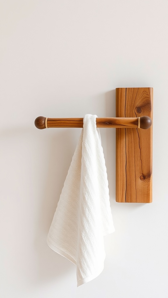 A rustic wooden towel rack with a white towel hanging on it.
