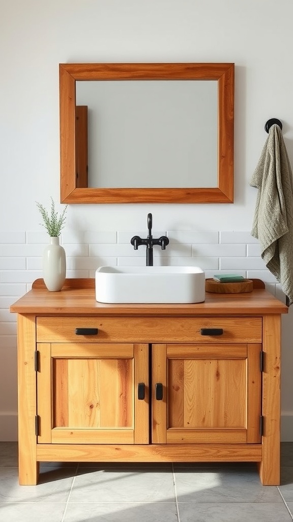 A rustic wooden vanity with a white sink and mirror in a modern farmhouse bathroom setting