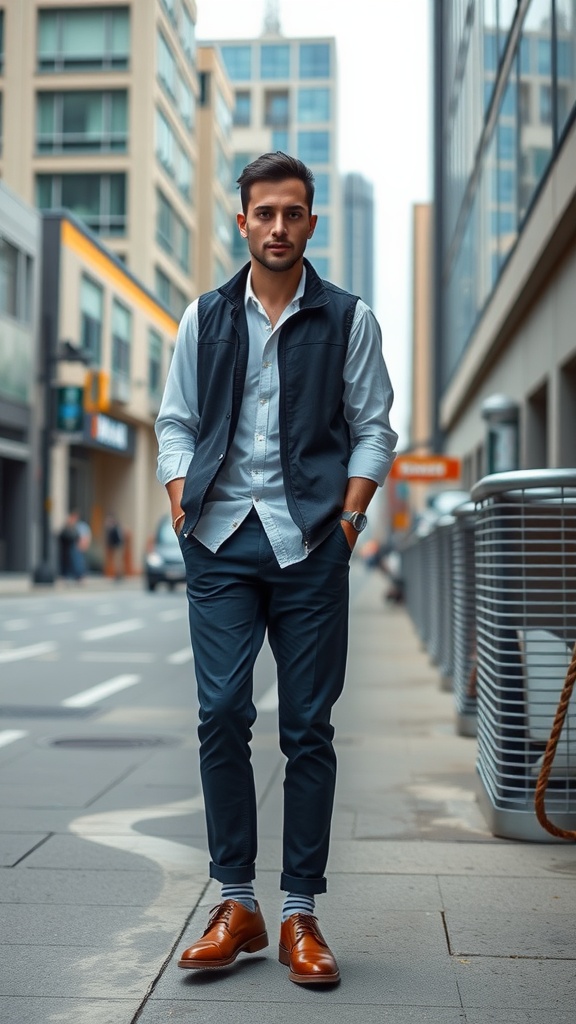 A stylish young man wearing a dark vest over a light shirt, paired with fitted pants and brown shoes, walking down a city street.